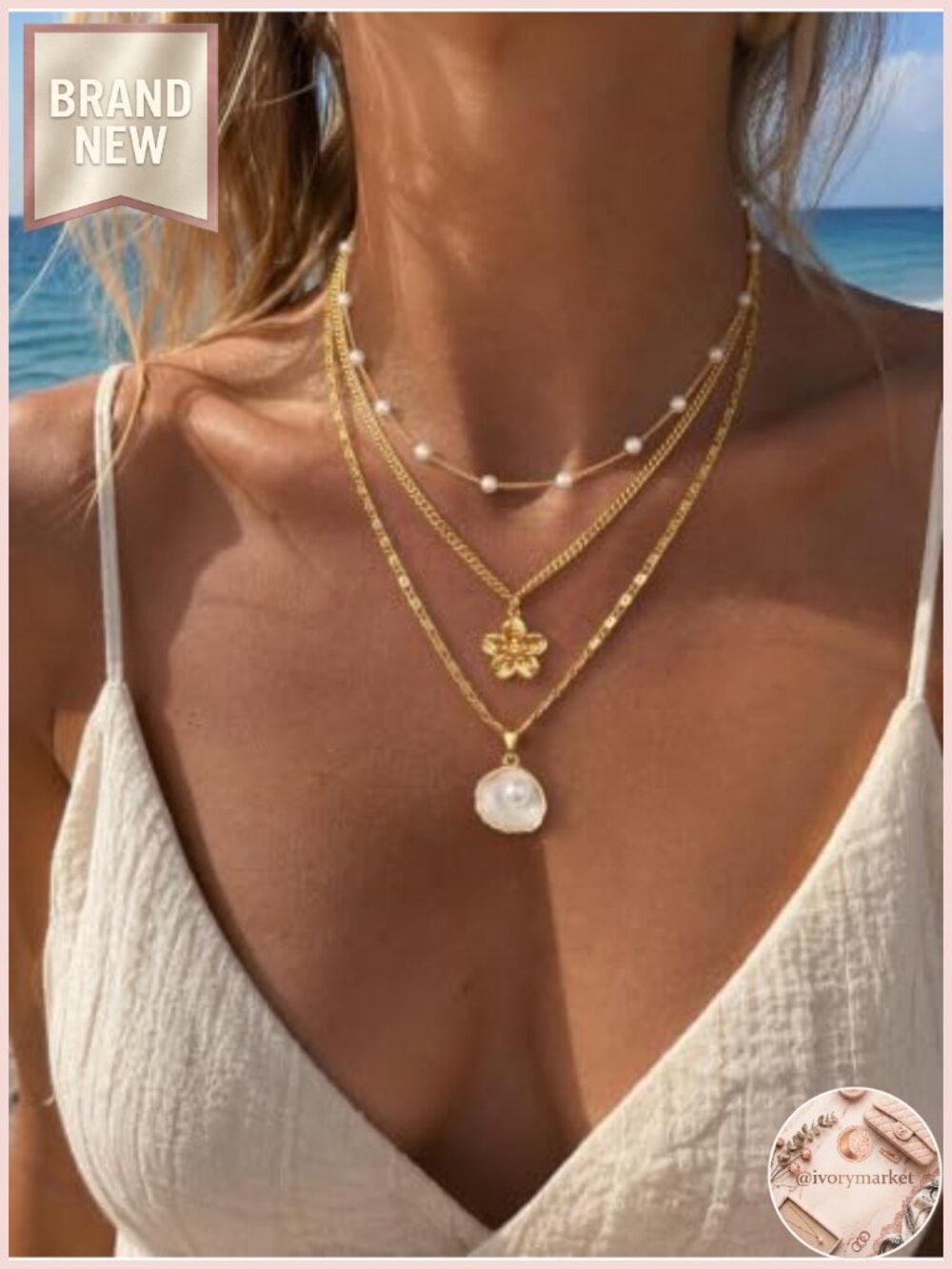 Layered Shell Necklace Set Women 14K Gold Plated Beach Jewelry Gift - Picture 2 of 6